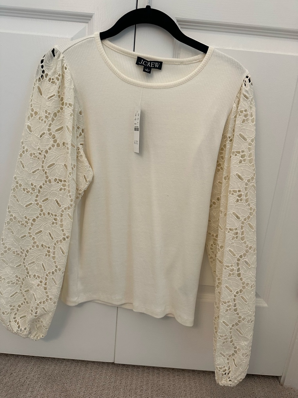 J. Crew Cream Lace-Sleeve Ribbed Knit Top
